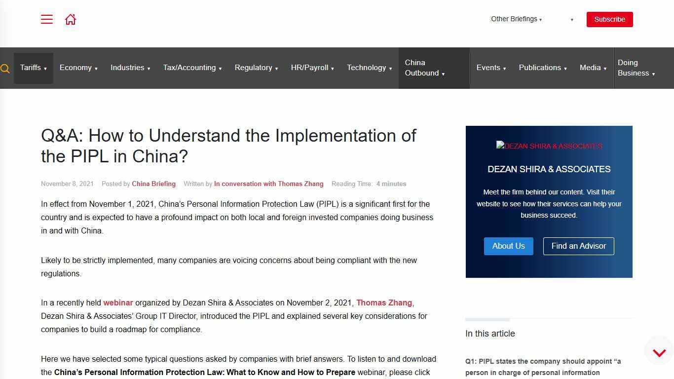 How to Understand the Implementation of the PIPL in China? FAQ