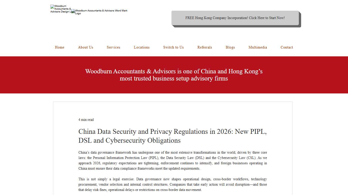 China Data Security and Privacy Regulations in 2026: New PIPL, DSL and Cybersecurity Obligations Woodburn Accountants & Advisors